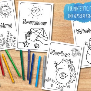 4 cartoline in SET o poster da colorare per bambini - stagioni | Carte da colorare | Poster da colorare | primavera estate autunno inverno