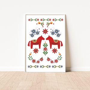 Poster - Dala horses | Swedish horses | Dala Horse | Sweden | Scandinavian art | Art print | Wall art | Folk art | Decoration