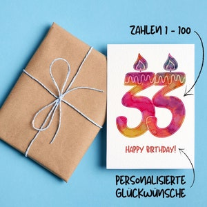 tarjeta de felicitación personalizada con número y texto | Número de acuarela | Regalo | cumpleaños | aniversario | Postal o tarjeta plegable