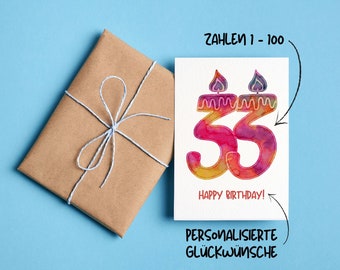 personalisierte Glückwunschkarte mit Zahl und Spruch | Aquarell Zahl | Geschenk | Geburtstag | Jubiläum | Postkarte oder Klappkarte