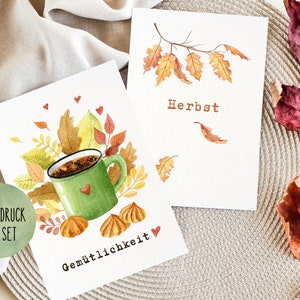 SET de cartes postales - Automne | 2 pièces | Saisons | Feuilles d’automne aquarelle | Confort