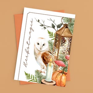 Postcard or folding card - Autumn magic | Autumn | Seasons | Autumn decoration | Watercolor owl pumpkin lantern mushroom