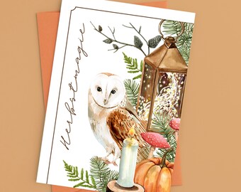 Postcard or folding card - Autumn magic | Autumn | Seasons | Autumn decoration | Watercolor owl pumpkin lantern mushroom