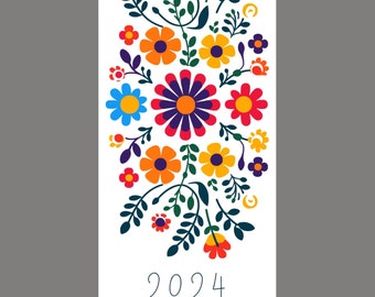 schmaler Kalender 2024 - boho Blumen | floral | mexican flower painting | Wandkalender | Dekoration | Geschenk