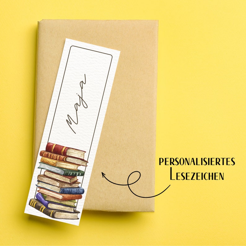 personalisiertes Lesezeichen Bücherliebe Künstlerpapier personalisiert mit Namen Aquarell Bücherstapel Geschenk Bild 1