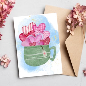Postcard or Folding Card - Hot Love | Heart Mug | Mother's Day Card | Birthday Card | Valentine's Day | Watercolor