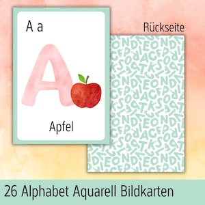 26 kart obrazkowych z alfabetem w solidnym pudełku lub do pobrania | Naucz się liter | Montessori | Przedszkole | Prezent za zapis do szkoły | Akwarela ABC