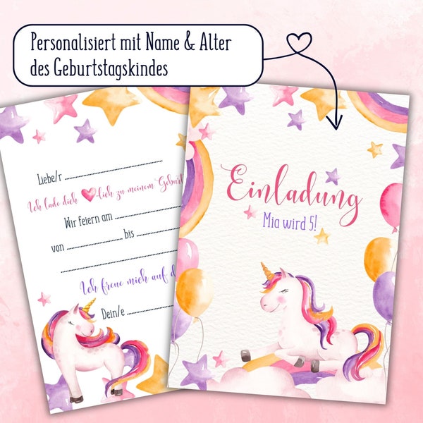 personalisierte Einladungskarten zum Kindergeburtstag - Einhorn im SET | Postkarte zum Ausfüllen | Einhornparty | Aquarell