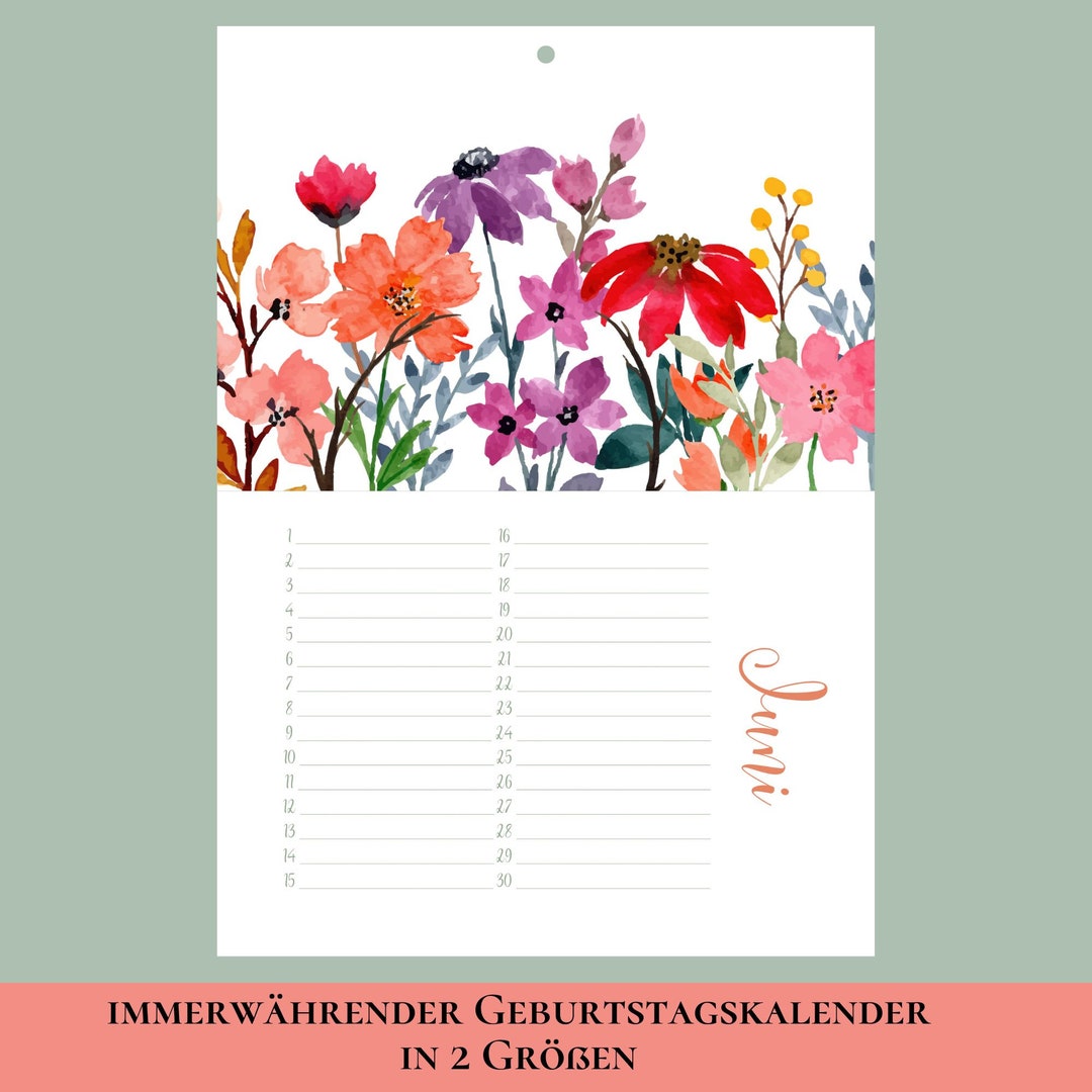 Floral Birthday Calendar Perpetual Calendar Watercolor Flowers A4 or A5 ...