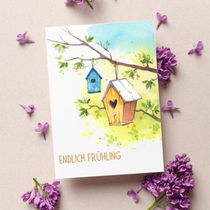 Karte - Endlich Frühling | Postkarte oder Klappkarte | Aquarell Vogelhäuschen