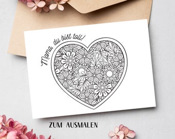Mother's Day card to color in - Mom, you are great! | Heart flowers to color in | Postcard or folding card for Mother's Day | Mother's Day gift