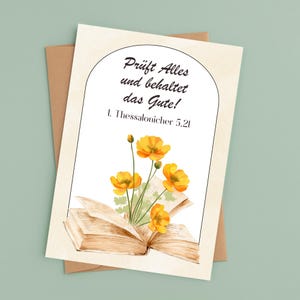Postcard or folding card - Motto for the year 2025 | Test everything and keep what is good! | Thessalonians | Watercolor Bible with flowers