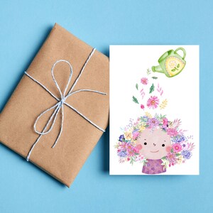 Card - Flower Girl | Rain of flowers from the watering can | Postcard or folding card | Watercolors