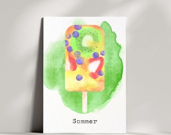 Tarjeta - Verano | Postal o tarjeta plegable | Helado de acuarela con frutas | Impresión de arte