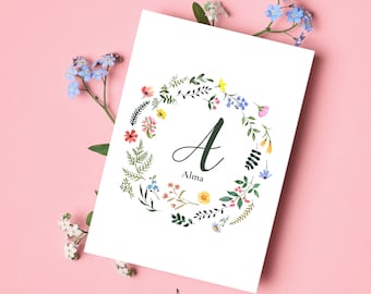 personalized birth card | Congratulations | Initial letter & name | Wildflower wreath | Watercolor | Postcard or folding card