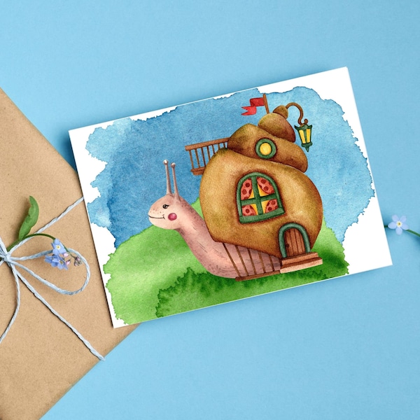 Carte postale - Courrier escargot | impression d’art | Escargot aquarelle