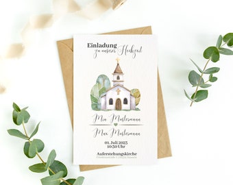 personalisierte Einladung zur Hochzeit | Klappkarte inklusive Umschlag | Aquarell Kirche