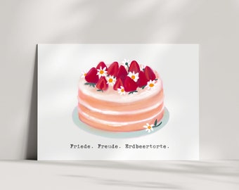 Postcard or folding card - strawberry cake | Statement Card | Peace Joy Strawberry Cake | Birthday card | watercolor