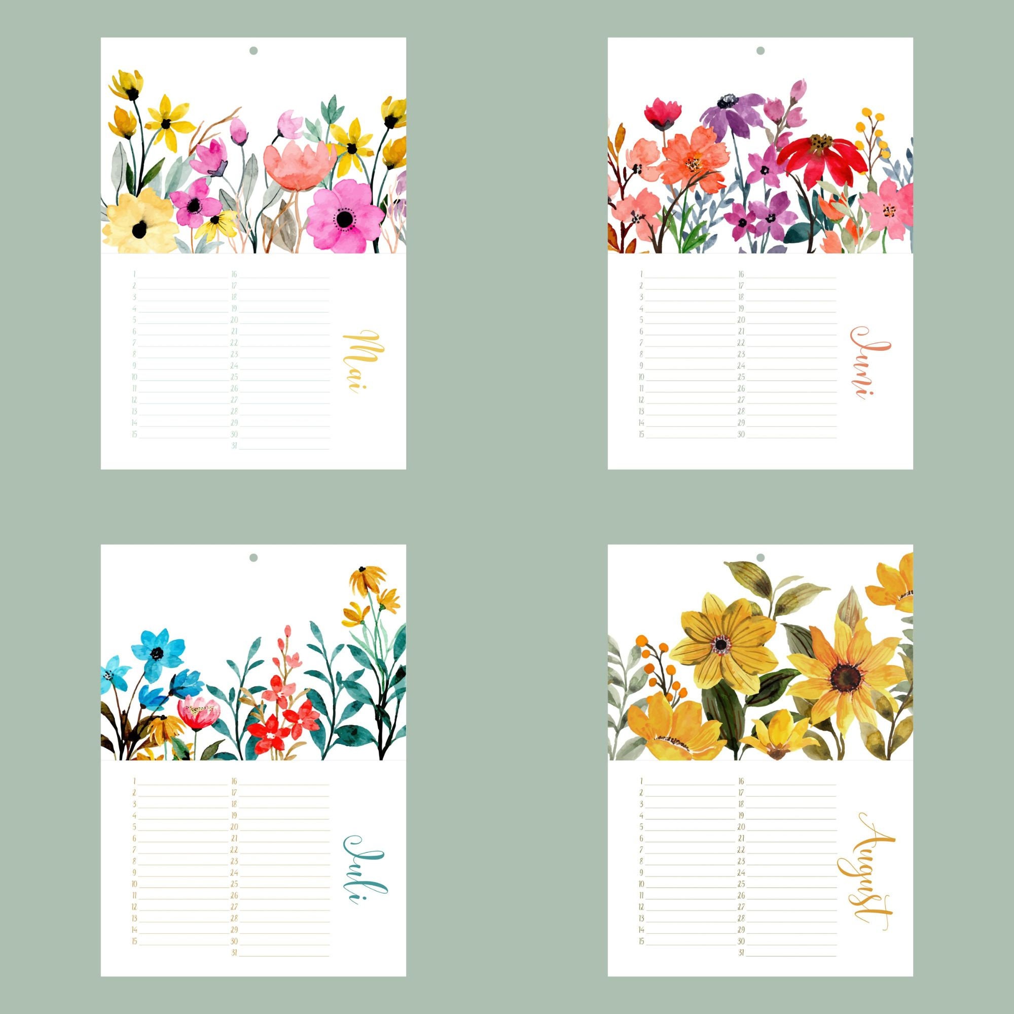 Floral Birthday Calendar | Perpetual Calendar | Watercolor Flowers | A4 ...