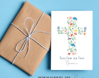 personalisierte Taufkarte mit Name - Alles Liebe zur Taufe | Postkarte oder Klappkarte | Taufgeschenk | Patengeschenk | Aquarell Kreuz