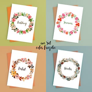 Postkarten SET oder Einzeln  - Jahreszeiten | 4 Stück | Frühling Sommer Herbst Winter | Aquarell Blumenkranz | Jahreszeitentisch