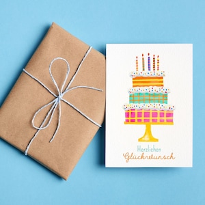 Birthday card - congratulations | Birthday cake | colorful cake with candles | Watercolor | Postcard or folding card