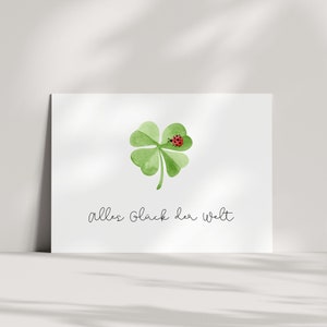 Card - Tutta la felicità del mondo | Congratulazioni | Biglietto d'auguri | Trifoglio dell'acquerello con coccinella