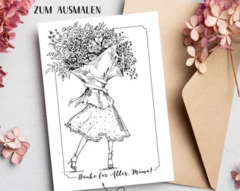 Karte zum ausmalen - Danke für alles, Mama | personalisiert | Blumenstrauß | Postkarte oder Klappkarte | Muttertagskarte | Geburtstagskarte