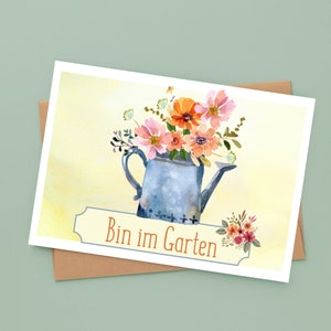 Carte - Je suis dans le jardin | Arrosoir | Carte postale ou carte pliante | Fleurs aquarelles