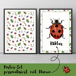 Póster infantil - Escarabajos rastreros | personalizado | Conjunto de 2 carteles | Acuarela de mariquita | Decoración de habitaciones infantiles | Murales | Regalo