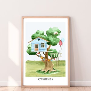 Póster - Aventura | Casa del árbol de acuarela | Impresión de arte ? Arte de pared | Decoración habitación infantil sala de juegos.