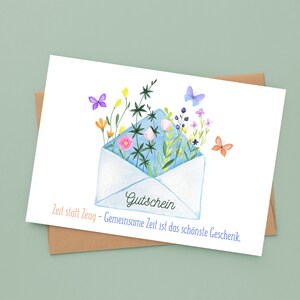 Cartão voucher - envelope | Tempo em vez de voucher de coisas | Aquarela | Postal ou cartão dobrável | Dê tempo | dê um presente minimalista