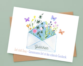 Voucher card - envelope | Time instead of stuff voucher | Watercolor | Postcard or folding card | Give the gift of time | Give a minimalist gift