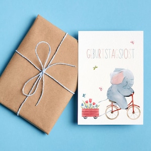 Biglietto d'auguri - Posta di compleanno | compleanno | un elefante va in bicicletta | Cartolina o biglietto pieghevole | acquerello
