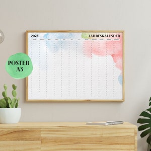 Annual calendar 2024 as a poster A3 | Watercolor | Watercolor | Wall decoration