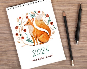 kleiner Monatsplaner 2024 - Fuchs | Jahresplaner | Taschenkalender | Schreibblock | Notizblock | To Do Liste | Aquarell Blumen