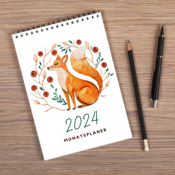kleiner Monatsplaner 2024 - Fuchs | Jahresplaner | Taschenkalender | Schreibblock | Notizblock | To Do Liste | Aquarell Blumen