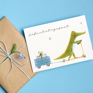 Biglietto d'auguri - Posta di compleanno | compleanno | un coccodrillo va in scooter | Cartolina o biglietto pieghevole | acquerello