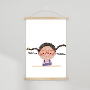 Póster infantil: dentro, fuera | Gafas de corazones de trenzas de niña de acuarela | buen humor | Impresión de arte ? Arte de pared | decoracion habitacion infantil