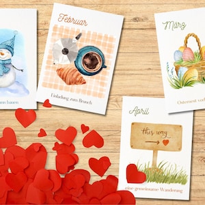 Jeu de mariage : 2 x 12 cartes postales avec bons d'achat ou surprises pour chaque mois | mariage | grand anniversaire