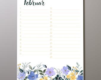 Birthday Calendar - Watercolor Flowers 2 | Perpetual Calendar | Floral | A4