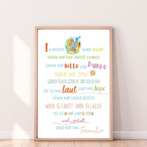 Könnte beinhalten: Eine bunte Aquarell-Illustration eines Hauses mit einem Zitat über das Familienleben. Das Zitat lautet: "In diesem Haus, wir leben, wir geben eine zweite Chance, wir sagen bitte und danke, wir haben Spaß, wir machen Fehler und verzeihen, wir sind laut und leise, wir geben unser Bestes, wir tanzen und lachen, wir sind bunt und lustig, wir werden geliebt, wir sind eine Familie."