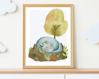 Poster - kleiner müder Drache | Aquarell | Kunstdruck | Wandkunst | Dekoration Kinderzimmer