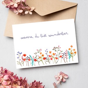 Muttertagskarte - Mama du bist wunderbar | Postkarte oder Klappkarte | Muttertagsgruß | Aquarell Blumen