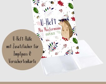 personalized U-book cover | Hedgehog & leaves | Protective cover with name | Examination booklet | Birth gift | Boy girl | Watercolors