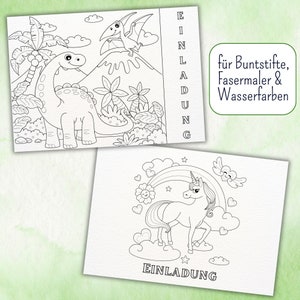 Uitnodigingskaarten - kinderverjaardag om in een SET te kleuren | Uitnodiging dinosaurus of eenhoorn | invullen & kleuren | Dinosaurusfeest | Eenhoorn feest