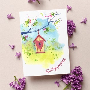 Karte - Frühlingsgefühle | Postkarte oder Klappkarte | Aquarell Vogelhäuschen | Valentinstag