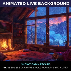 Könnte beinhalten: Ein gemütliches Kabineninnere mit einem großen Fenster, das einen verschneiten Bergblick bietet. Im Vordergrund brennt ein Kaminfeuer, und auf dem Boden liegen Kissen und Decken. Der Text "SNOWY CABIN ESCAPE" ist am unteren Rand des Bildes zu sehen.