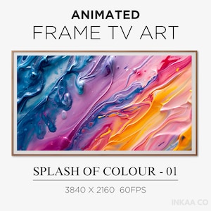 Puede incluir: Arte abstracto animado con un remolino de pintura colorido en azul, morado, rosa, amarillo y naranja. El arte se muestra en una pantalla de televisión con un marco delgado dorado. El texto "SPLASH OF COLOUR - 01" y "3840 X 2160 60FPS" se muestra debajo de la imagen.
