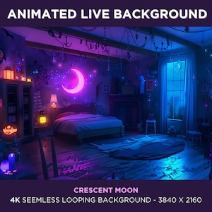 May include: A 4K seamless looping animated background featuring a crescent moon, stars, and a bedroom with a bed, a fireplace, and a window. The room is decorated with Halloween-themed decorations, including a pumpkin, spiderwebs, and candles.